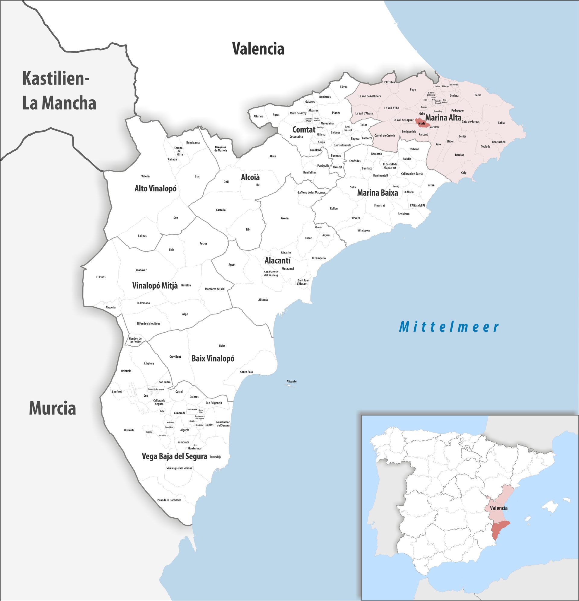Alt text: Map showing Valencia region with highlighted areas and surrounding regions.