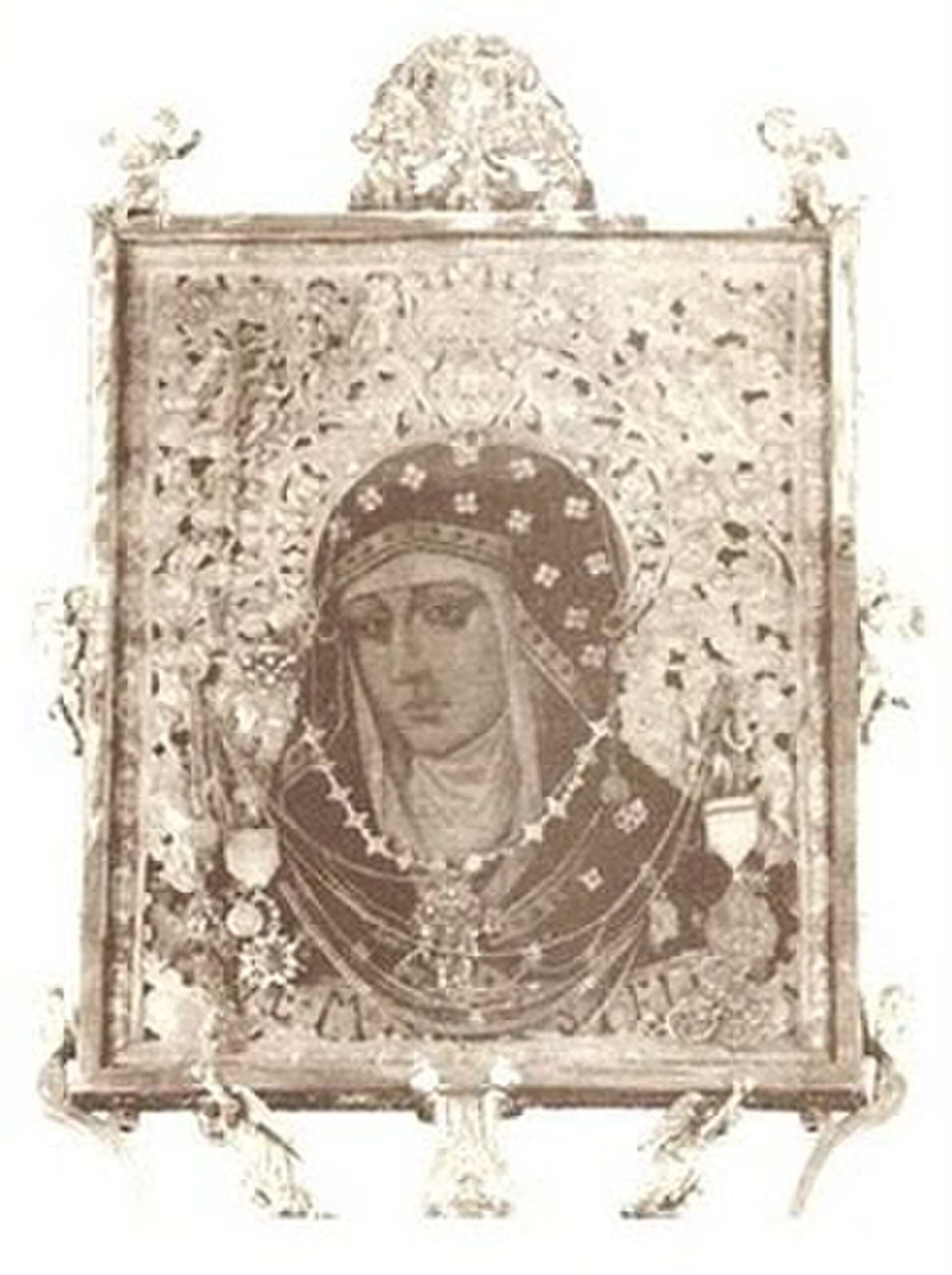 Alt text: Intricate, ornate religious icon with a central figure in a halo, surrounded by decorative elements.