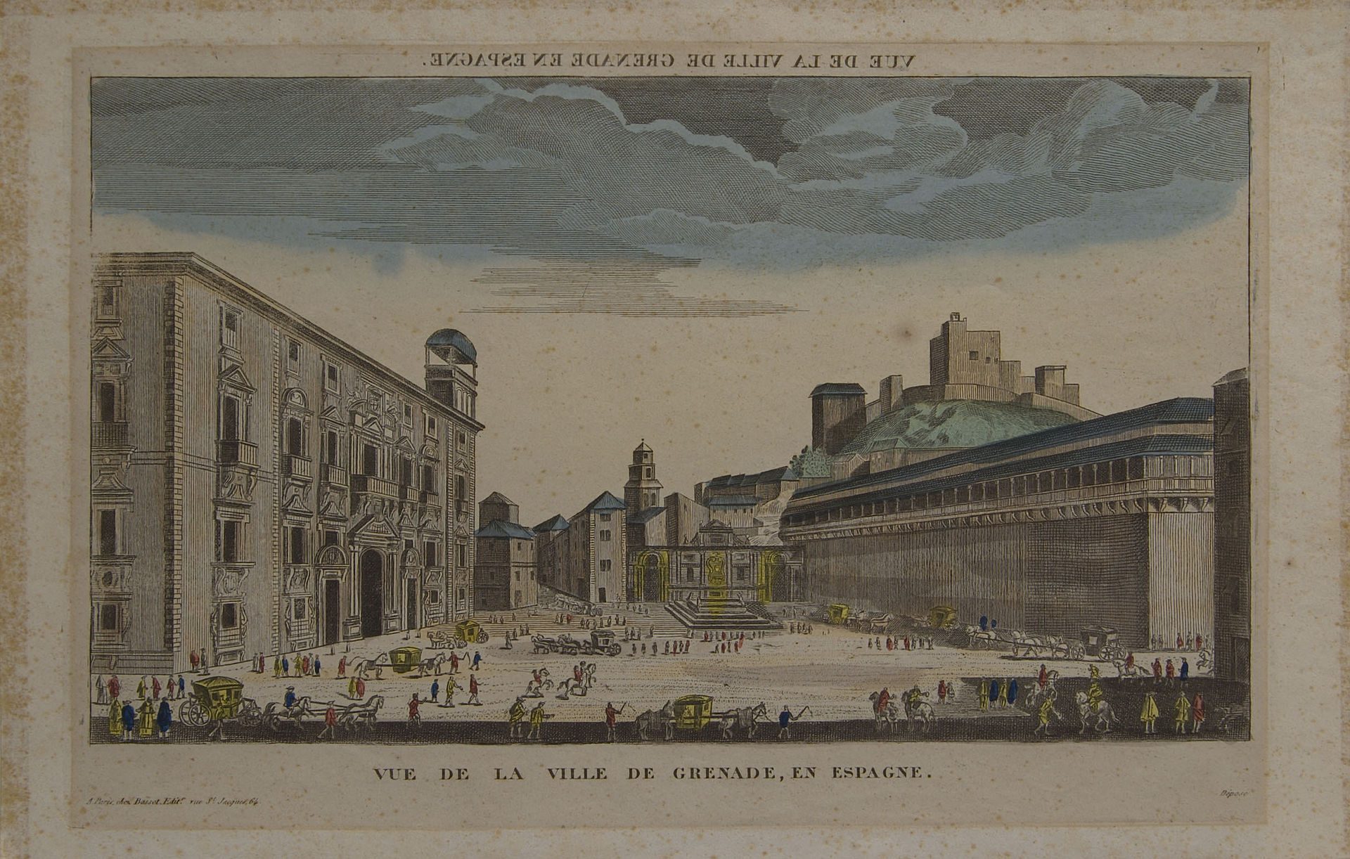 Historic cityscape view of Place de la Ville de Grenade in Seville, Spain.