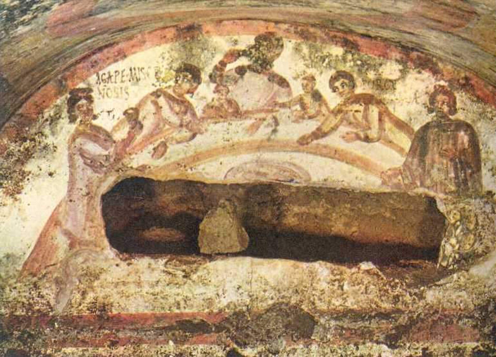 Ancient fresco depicting a group of people in a vaulted room with a central stone structure.