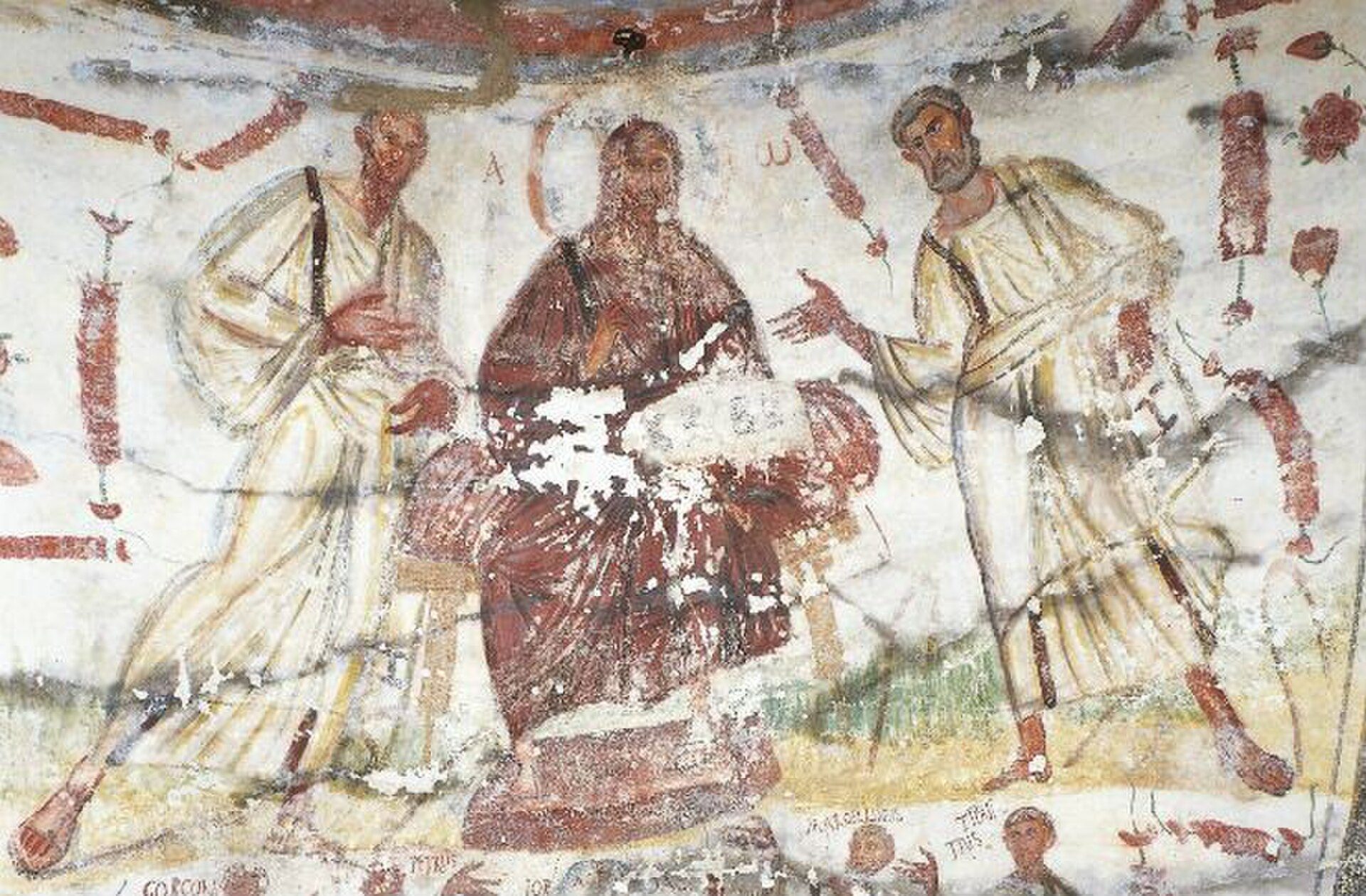 Ancient fresco depicting three figures in a room with classical architecture.