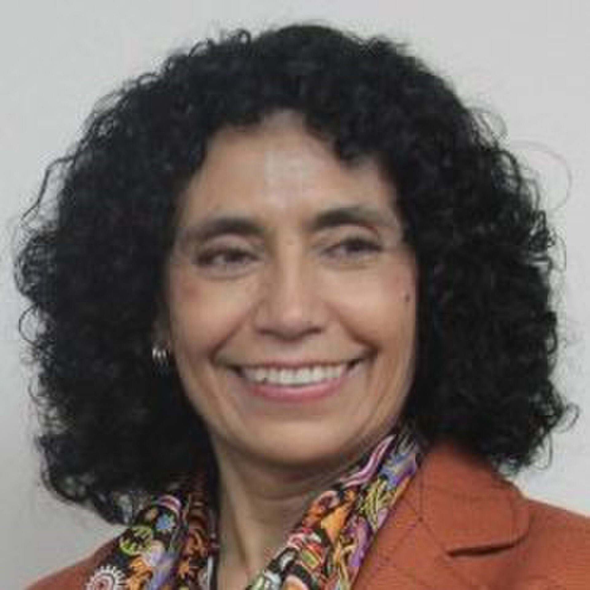 A woman with curly hair smiling in a professional setting.