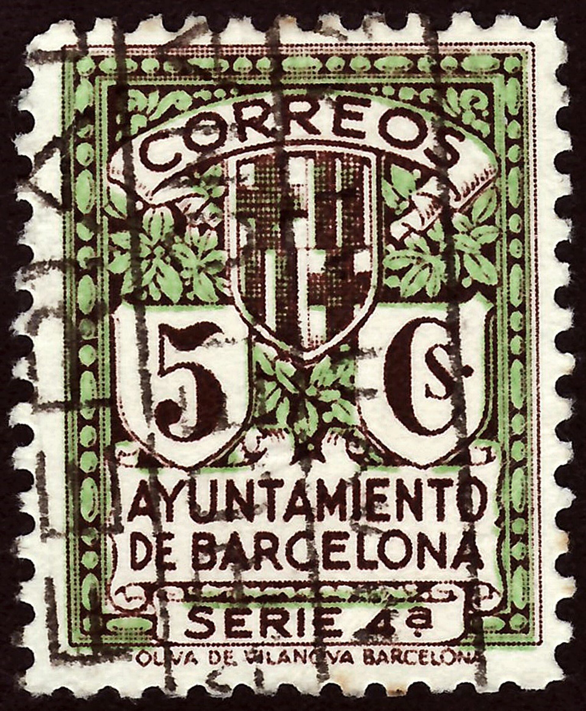 Alt text: Vintage green postage stamp with "Correos" and "Ayuntamiento de Barcelona" text.