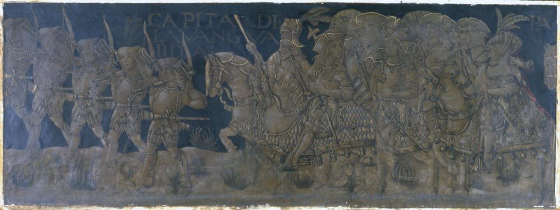 Alt text: Mural depicting a procession of warriors and horses, rich in cultural detail.