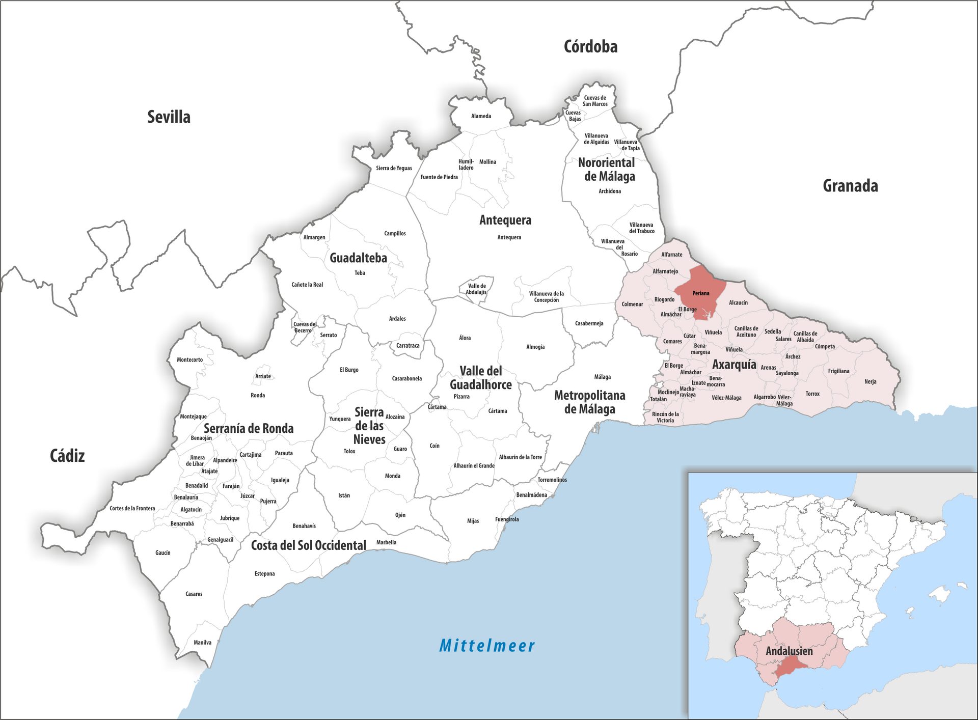 Alt text: Map showing Málaga and surrounding areas, including Mijas and Málaga city center.
