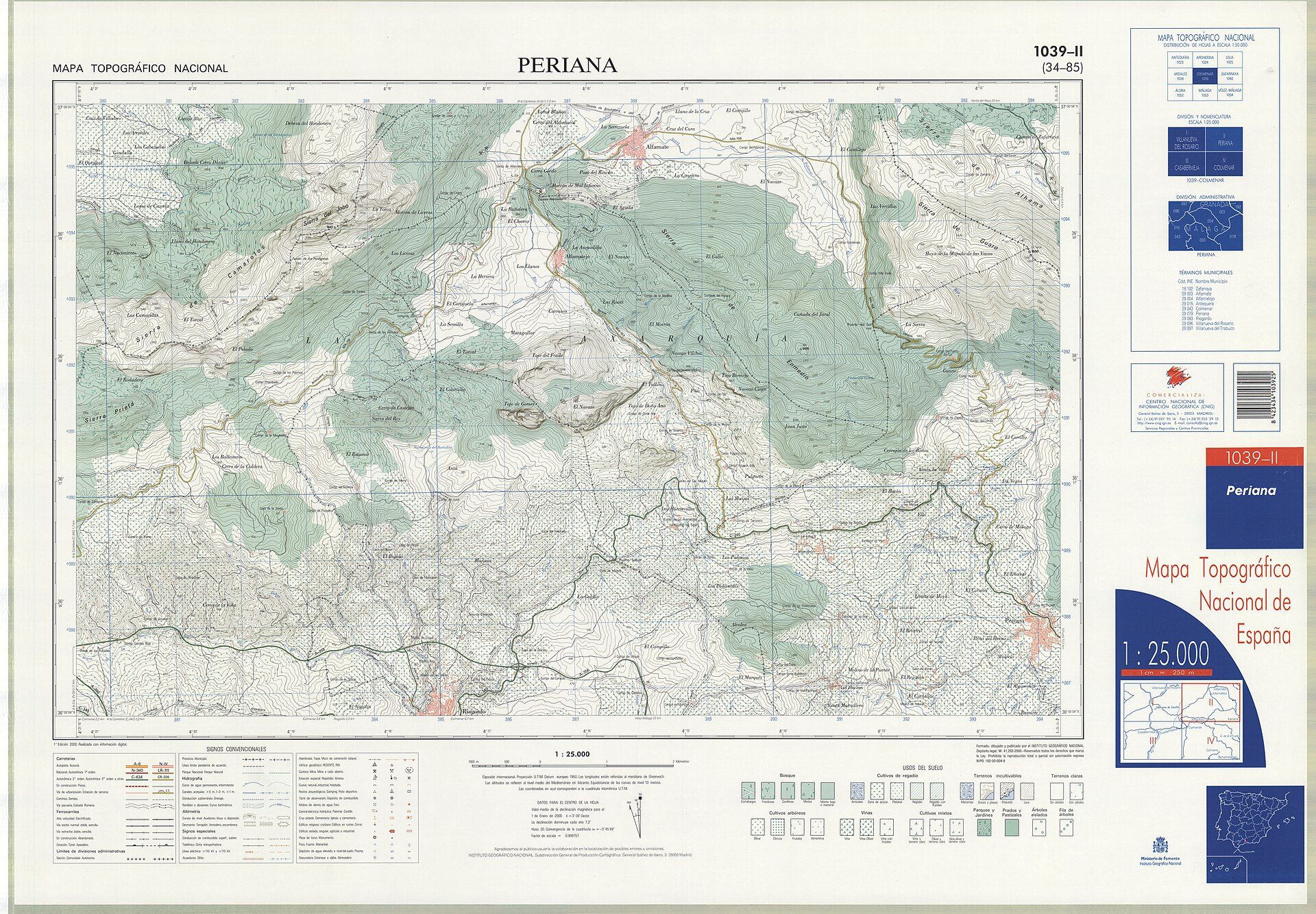 Alt text: Detailed topographic map of Periana, Spain, showing roads, terrain, and elevation.