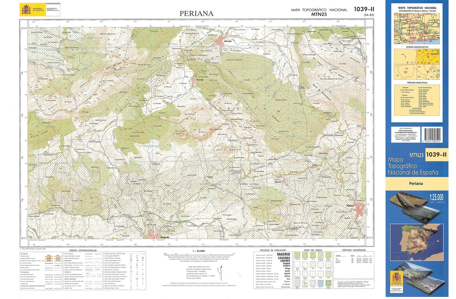 Alt text: Detailed topographic map of Periana with elevation, roads, and terrain features.