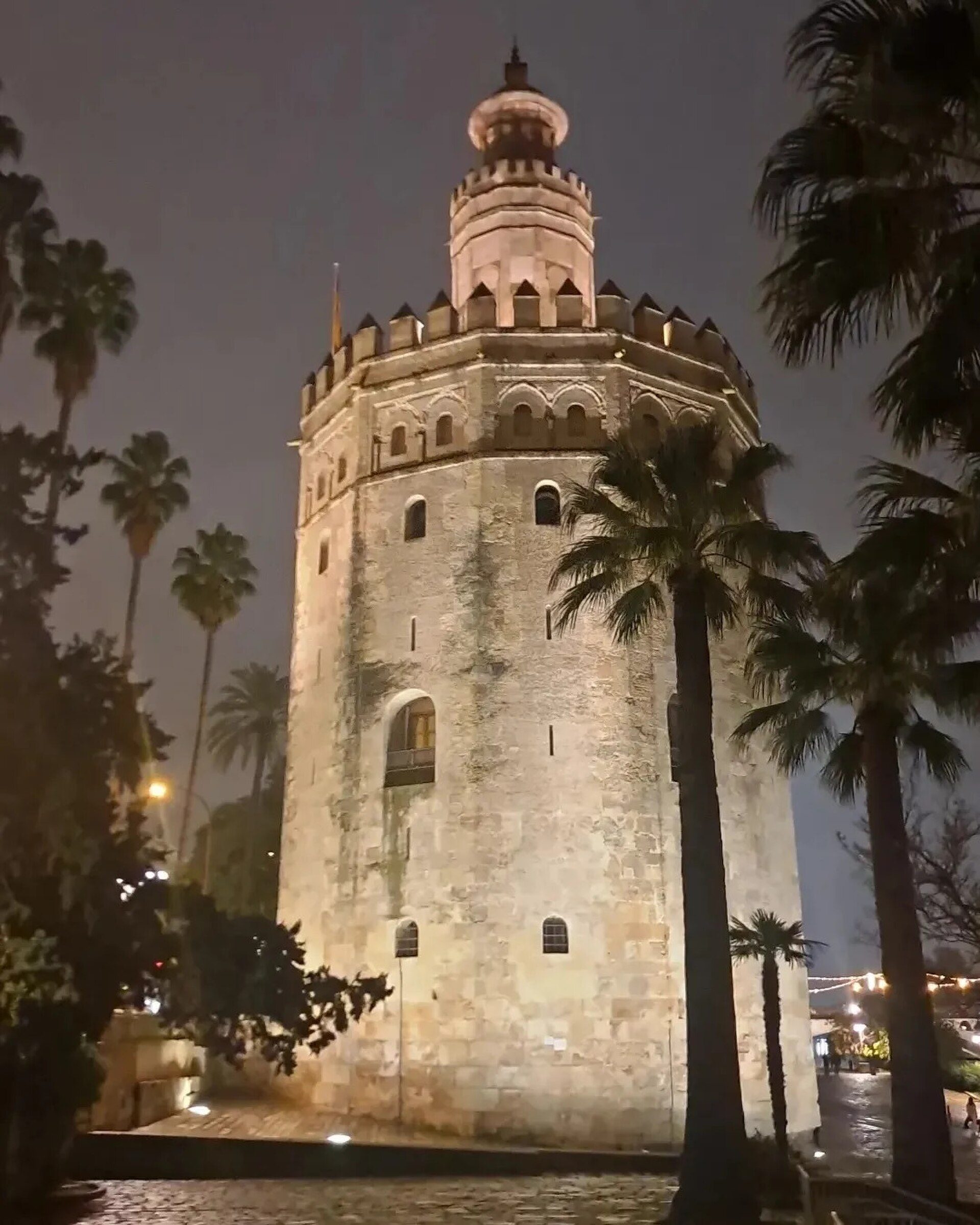 Alt text: Night view of a historic stone tower with palm trees and a dome.