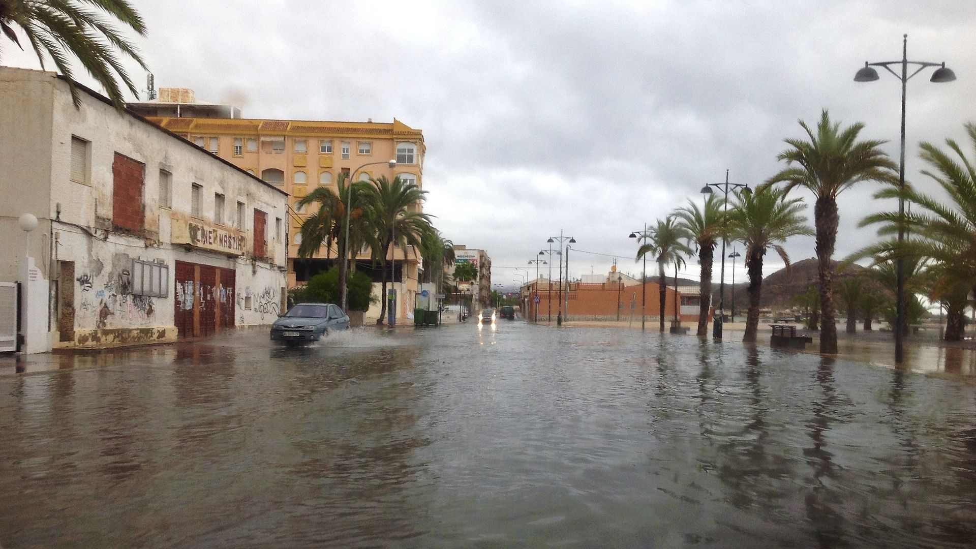 Alt text: Flooded street with palm trees and buildings, overcast sky.