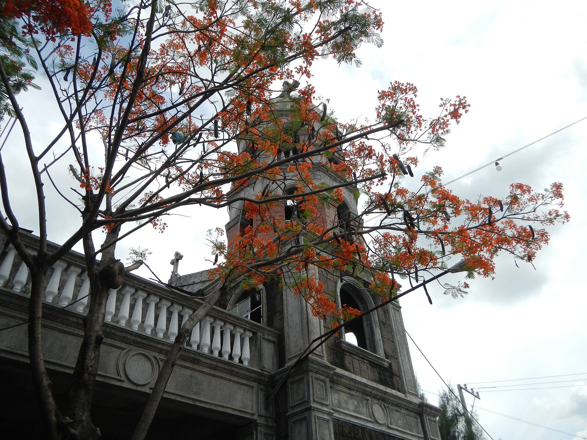 Alt text: "Room with balcony, featuring a view of a tree with orange leaves and a tower.