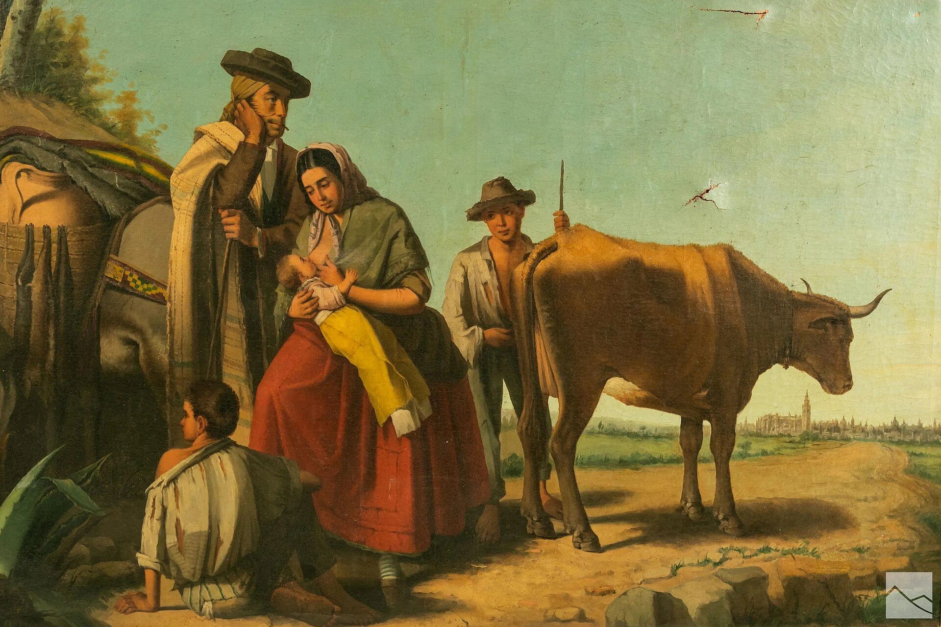 Traditional scene with family, ox, and donkey on a rural path.