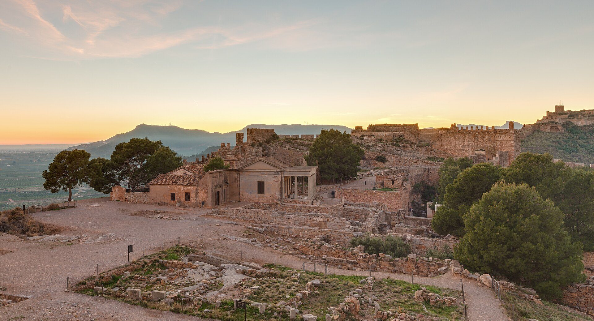 General view at dusk of the ruins of the castle of Sagunto, Valencia, Spain. Con