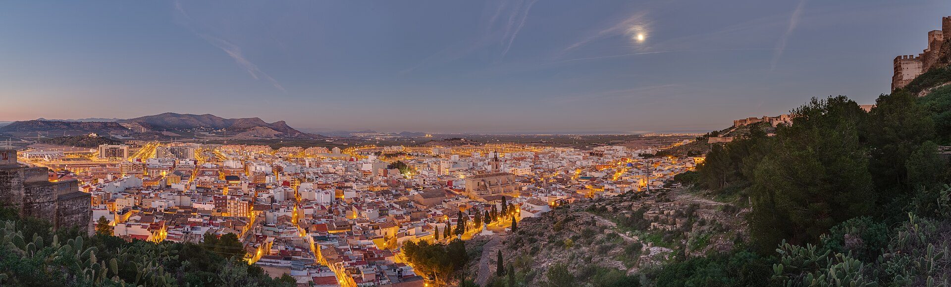 View of the former Roman city of Sagunto, Valencian Community, Spain, after sunset in the moonlight from the hill where the castle is located. | Diego Delso | CC BY-SA 4.0