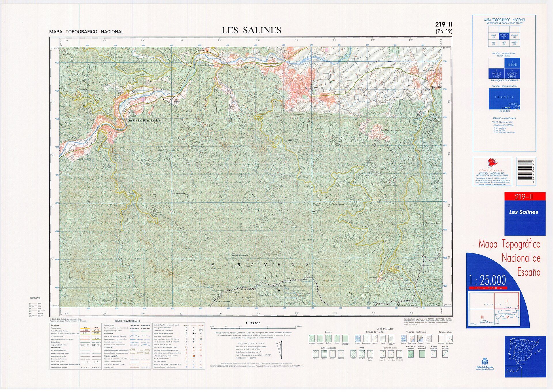 Alt text: Detailed topographic map of the Salines region in Spain, showing elevation, roads, and natural features.