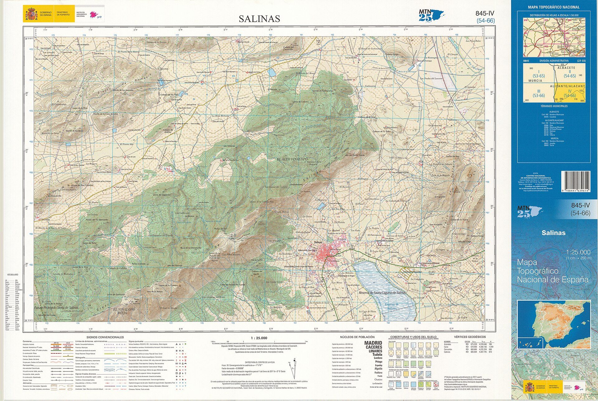 Alt text: Detailed topographic map of Salinas, Spain, showing roads, terrain, and elevation.