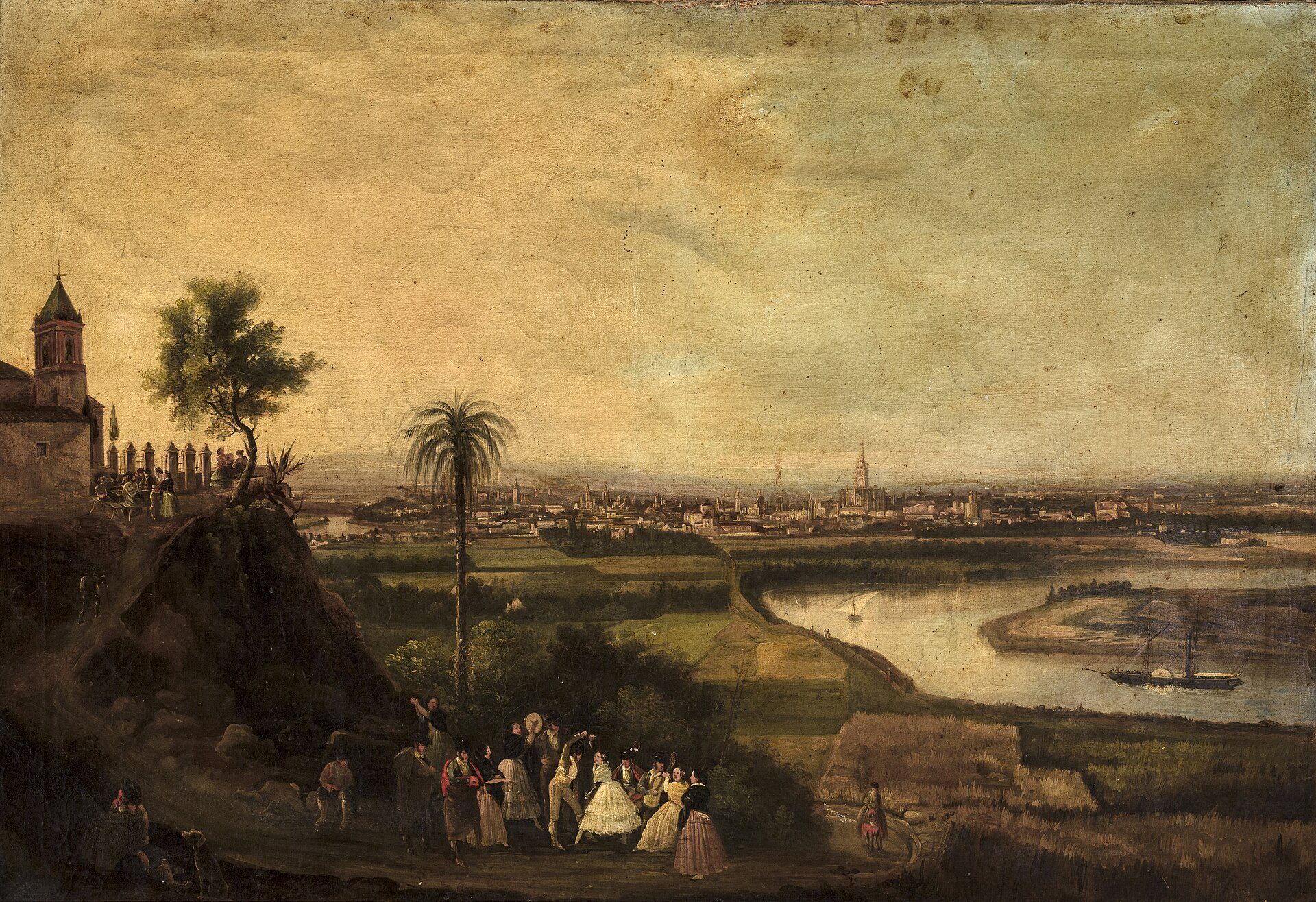Panoramic view of a cityscape from a high vantage point, featuring a river and distant buildings.