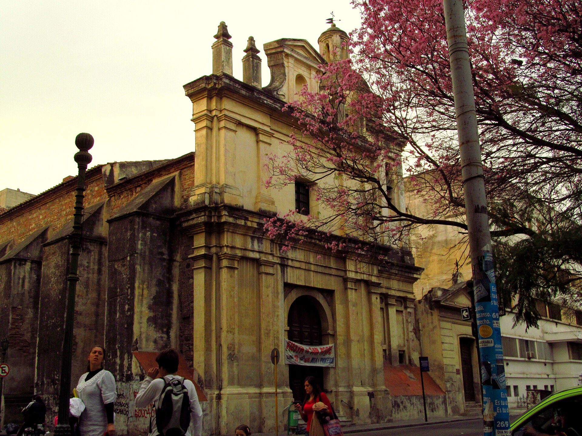 Alt text: Historic building with pink flowering tree, street view, architectural details.