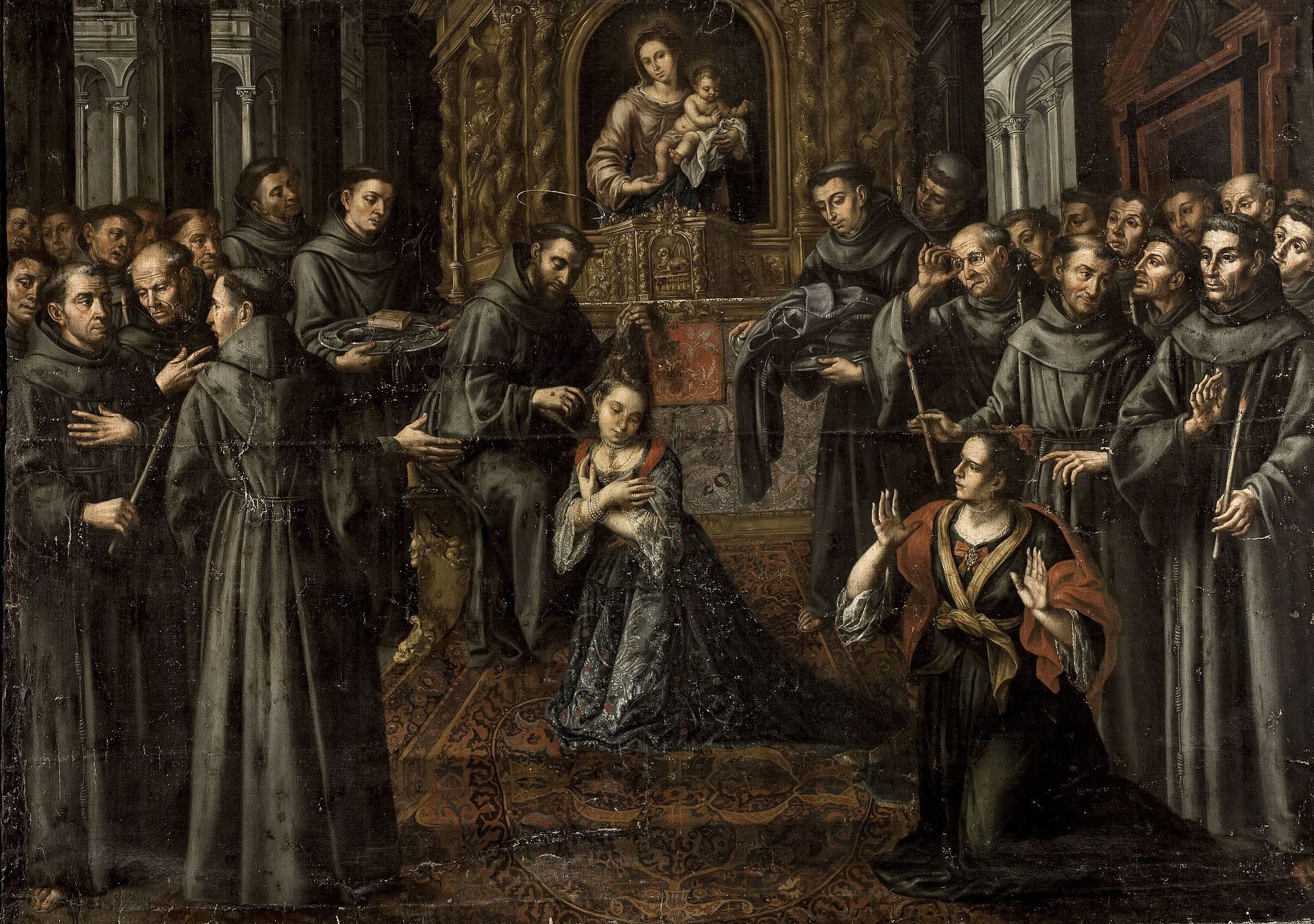 Religious painting depicting a group of monks and a woman with a child, in a church setting.