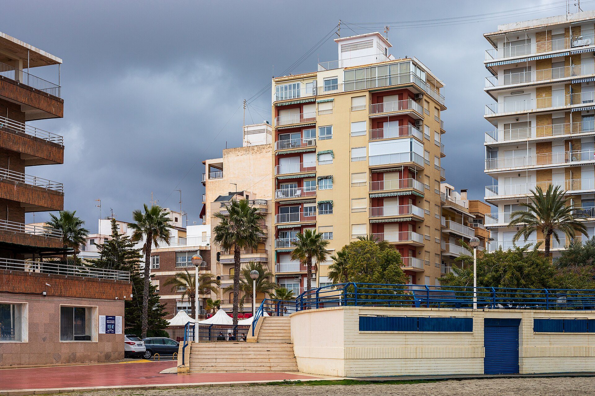 Apartment buildings by Calle Garcia Braceli as seen from Playa de Santa Pola in 