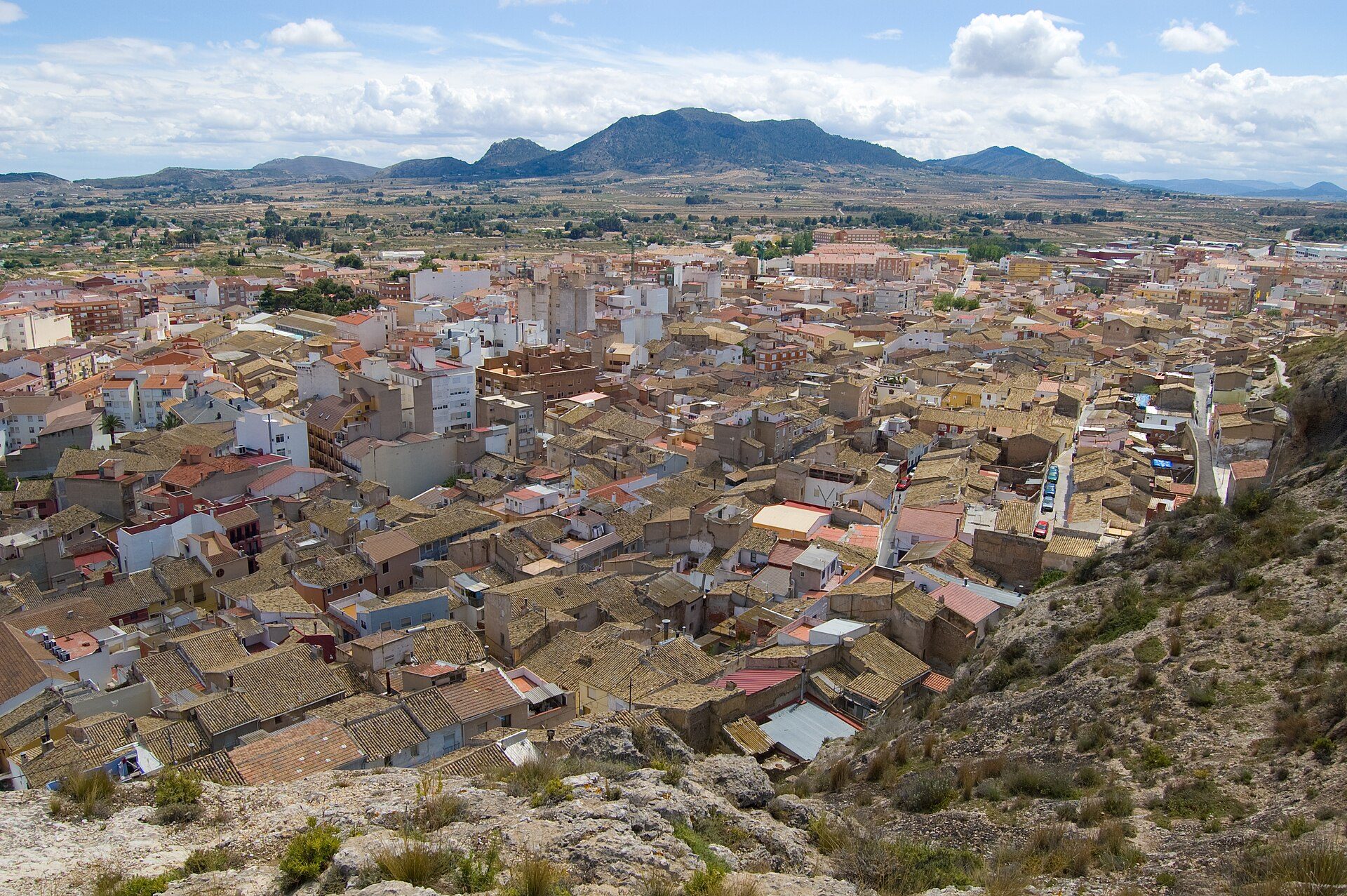 Alt text: Panoramic view of a quaint town with terracotta roofs and distant mountains.