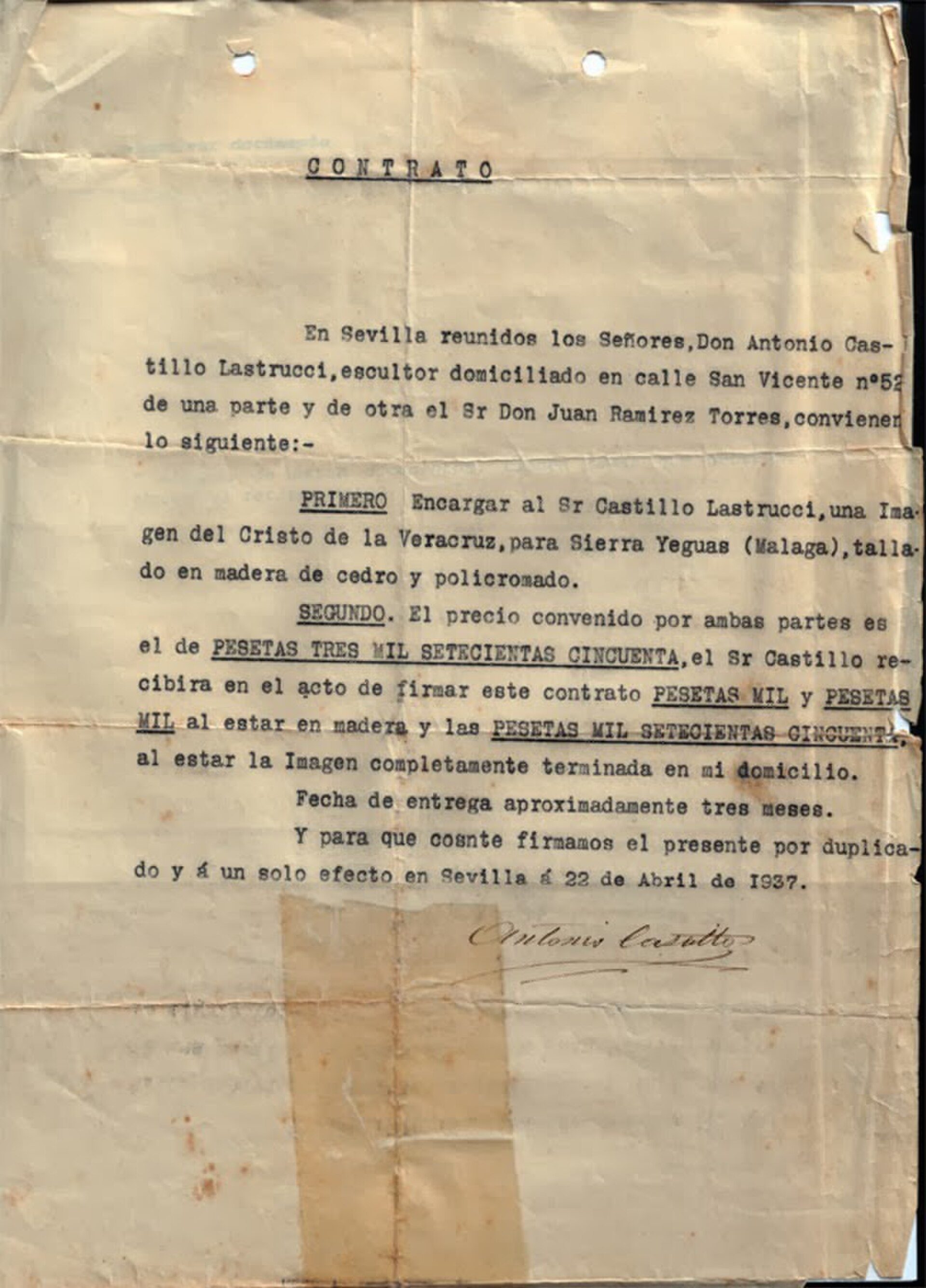 Contrato de la compra del Santísimo Cristo de la Veracruz, de Sierra de Yeguas, 