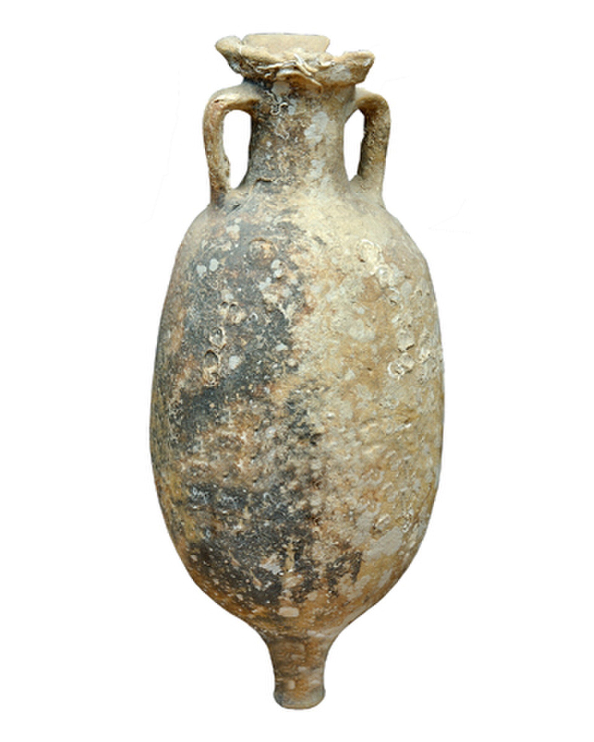 Ancient, weathered ceramic vase with handles and a narrow neck.