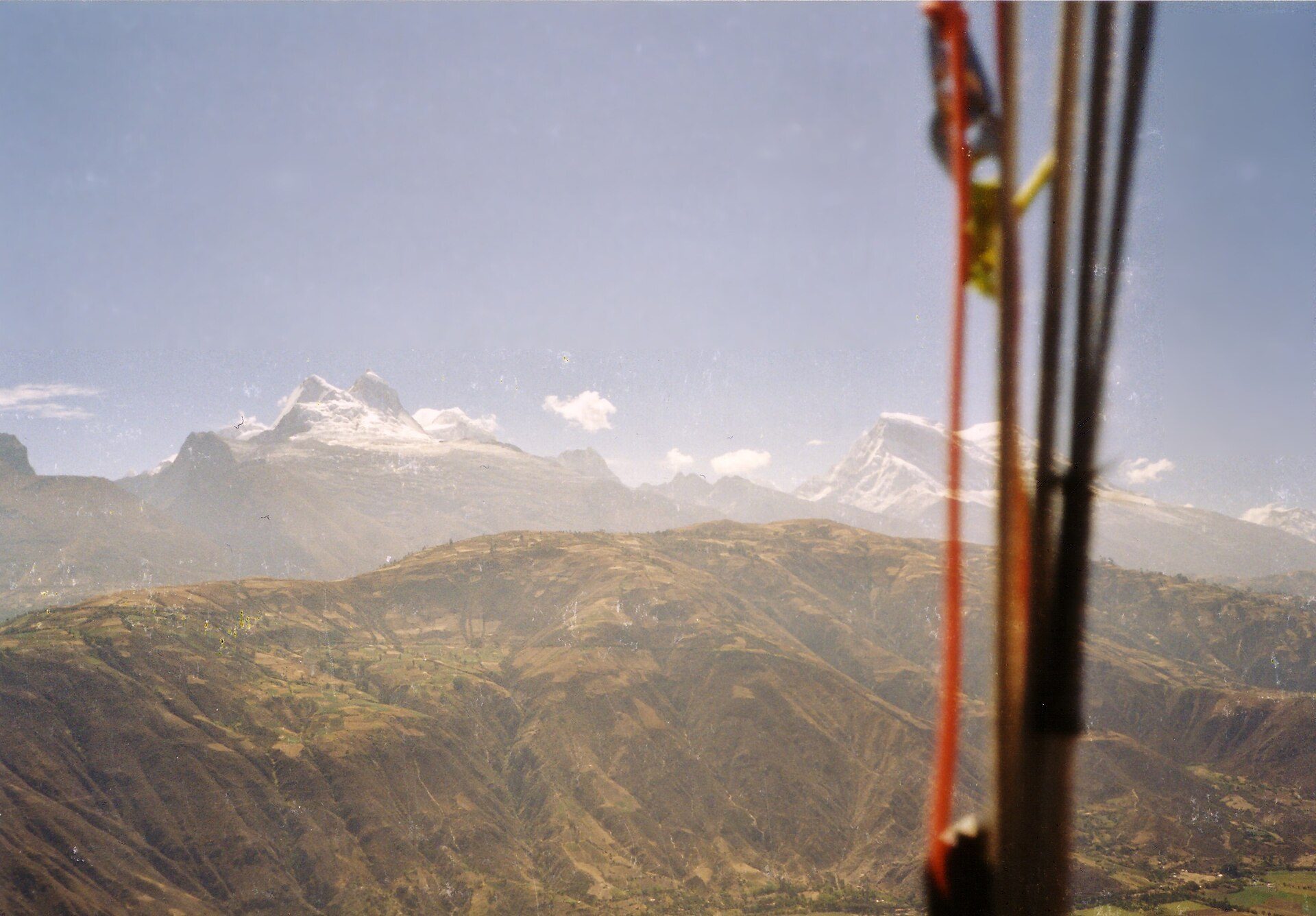 Nevado Huandoy (left) and Nevado Huascaran (right behind the lines) as taken fro
