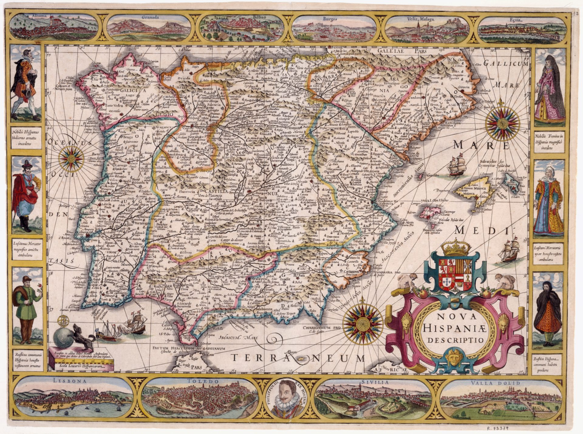 Alt text: Detailed historical map of Spain with illustrations and decorative elements.