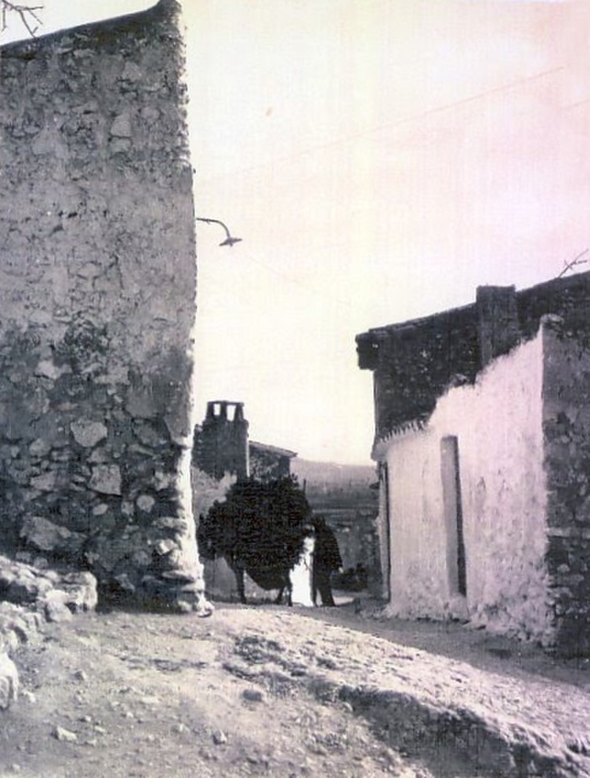 Narrow alley with stone walls, leading to a courtyard with a tree and distant buildings.