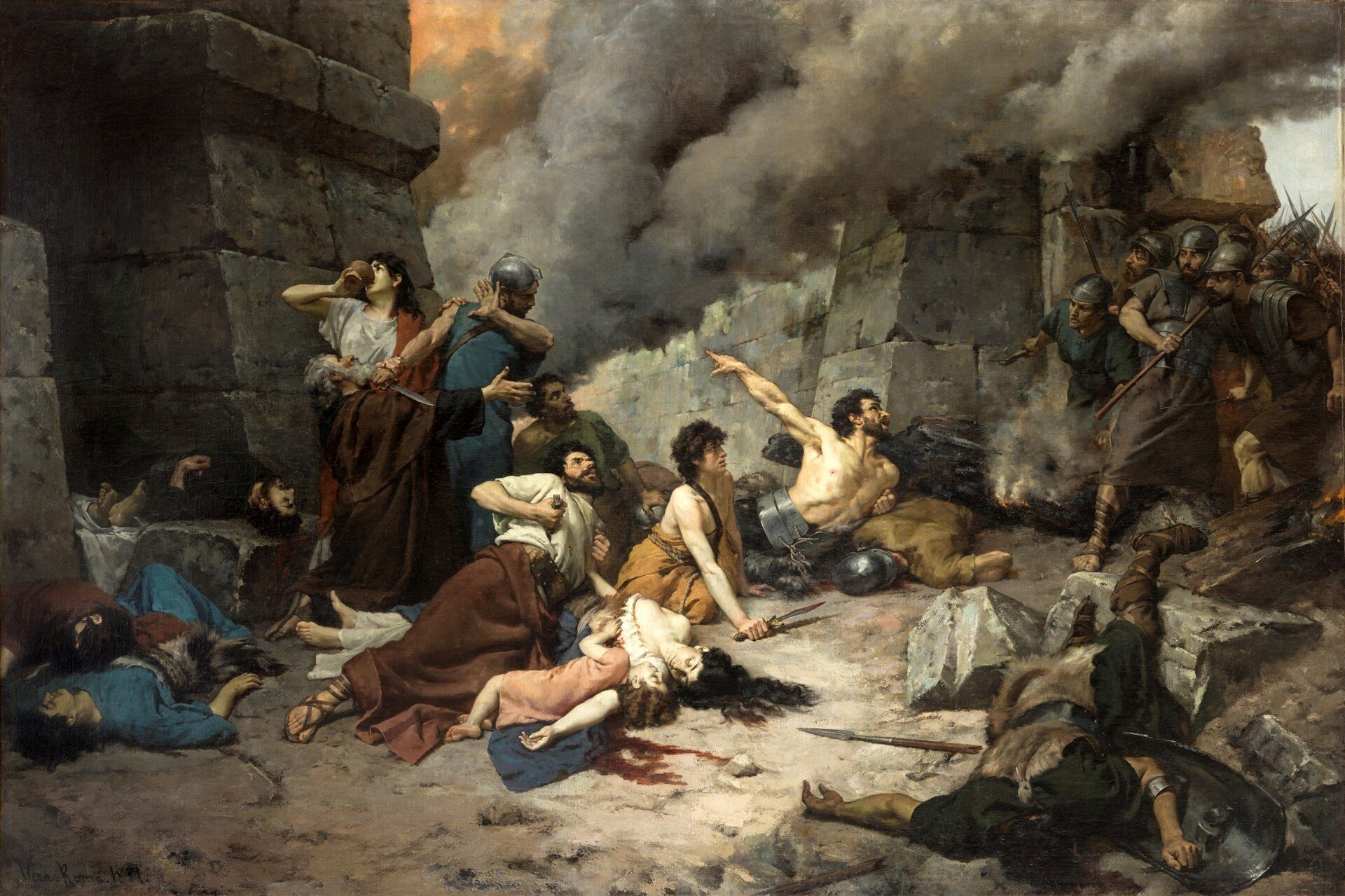Alt text: A detailed painting depicting a chaotic battle scene with soldiers and civilians amidst destruction.