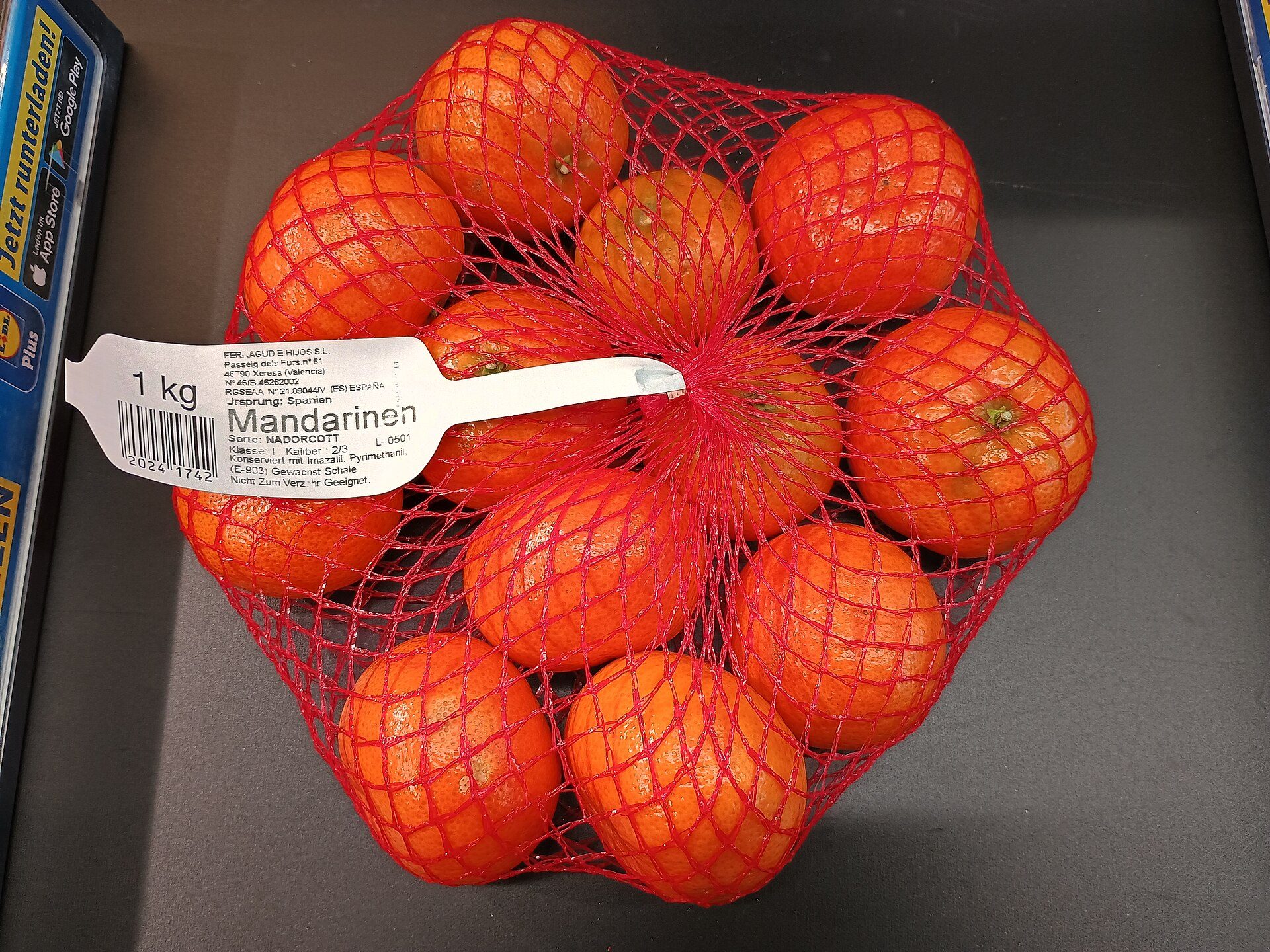 Nadorcott clementines from Valencia, Spain, in plastic (HDPE?) mesh bags sold in Lidl in Berlin, Germany. | Roy Zuo | CC BY-SA 4.0