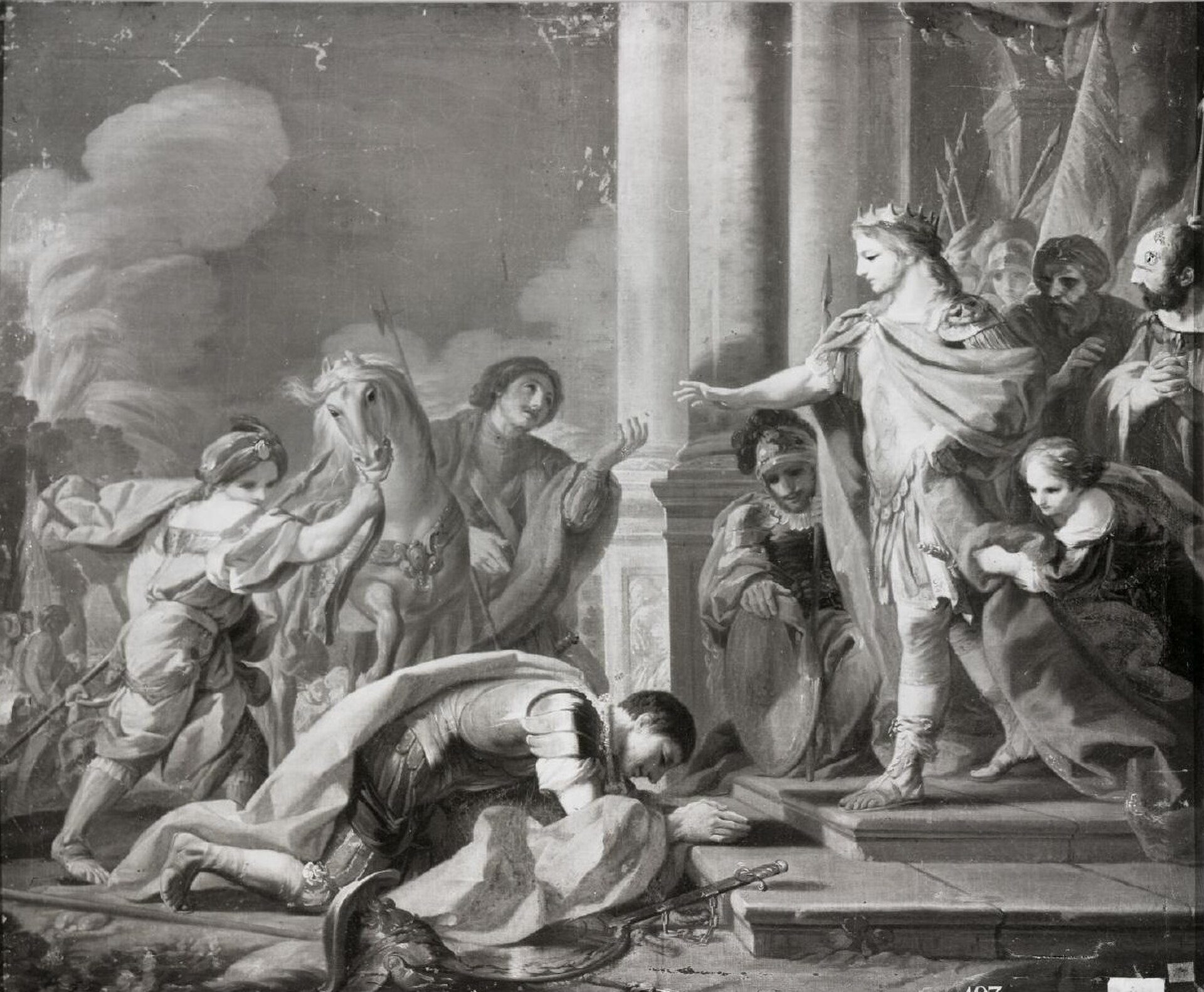 La obra representa al conde Pedro Ansúrez junto al rey Alfonso I de Aragón.