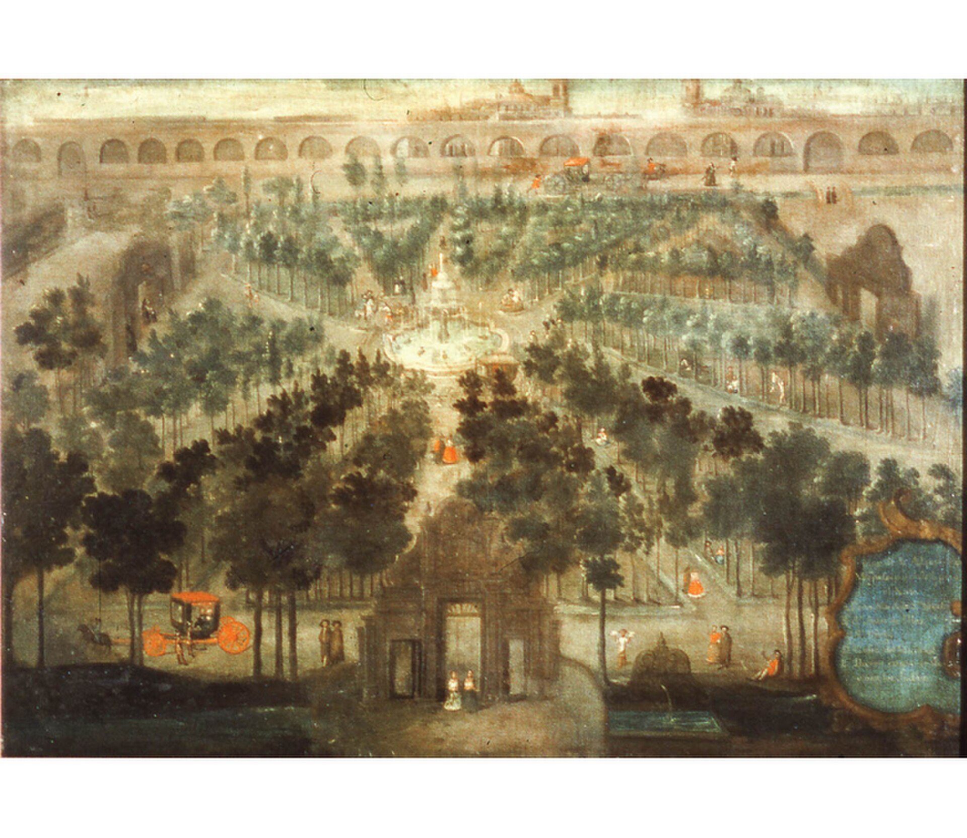 Aerial view of a large, lush garden with pathways, fountains, and a distant building.