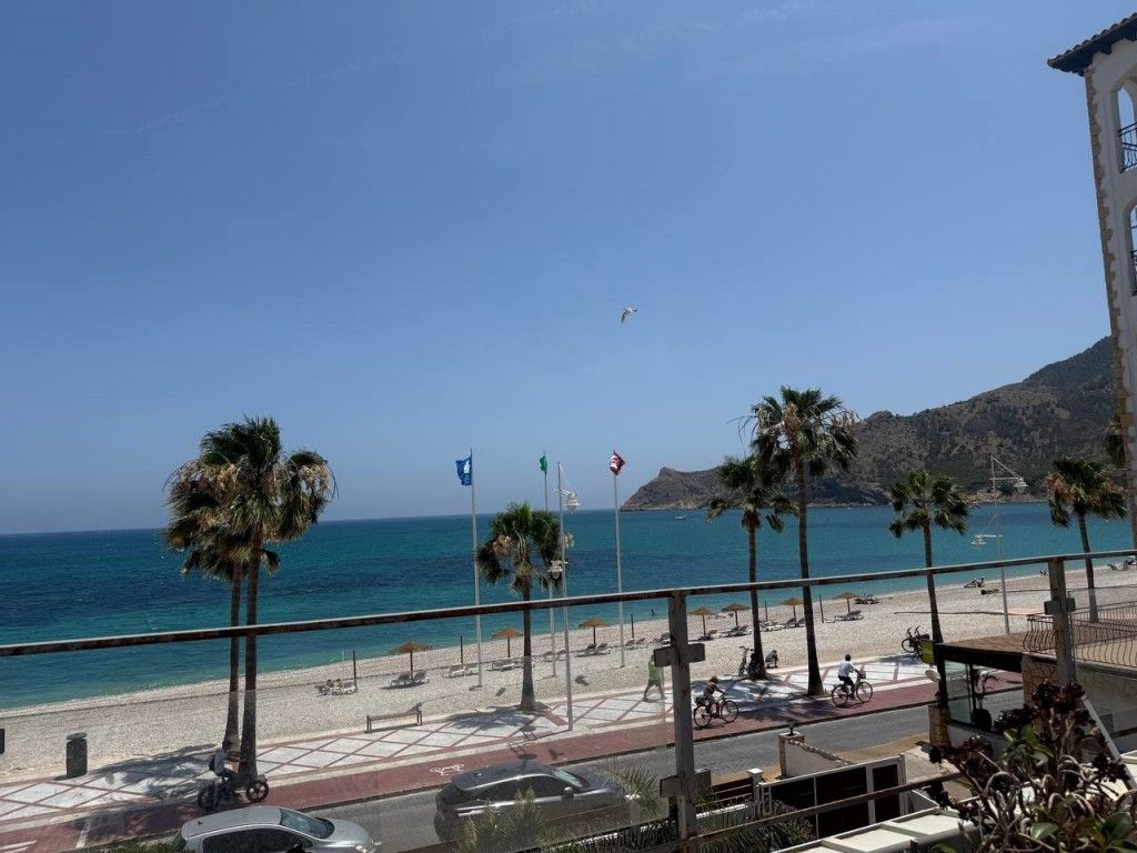 Uitzicht vanaf balkon op strand met palmbomen en zee