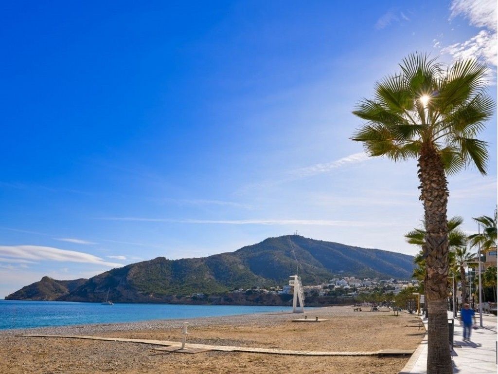 Strandgezicht van Benissa, Spanje met palmbomen en bergen.