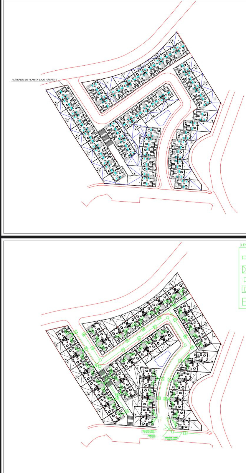 Plattegrond van een complex met huizen en een weg