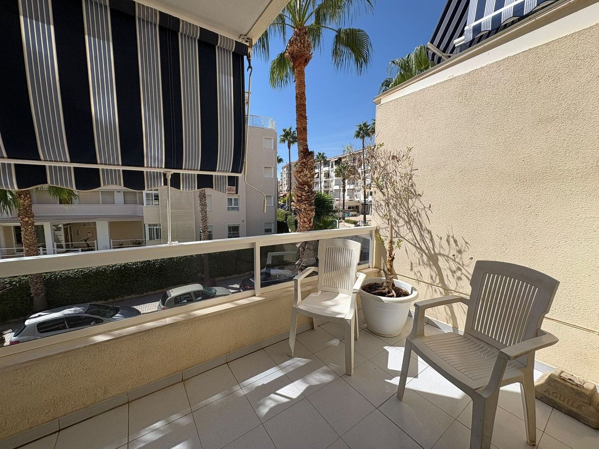 A sunny balcony with two chairs and a potted plant, overlooking a street with parked cars and palm trees.