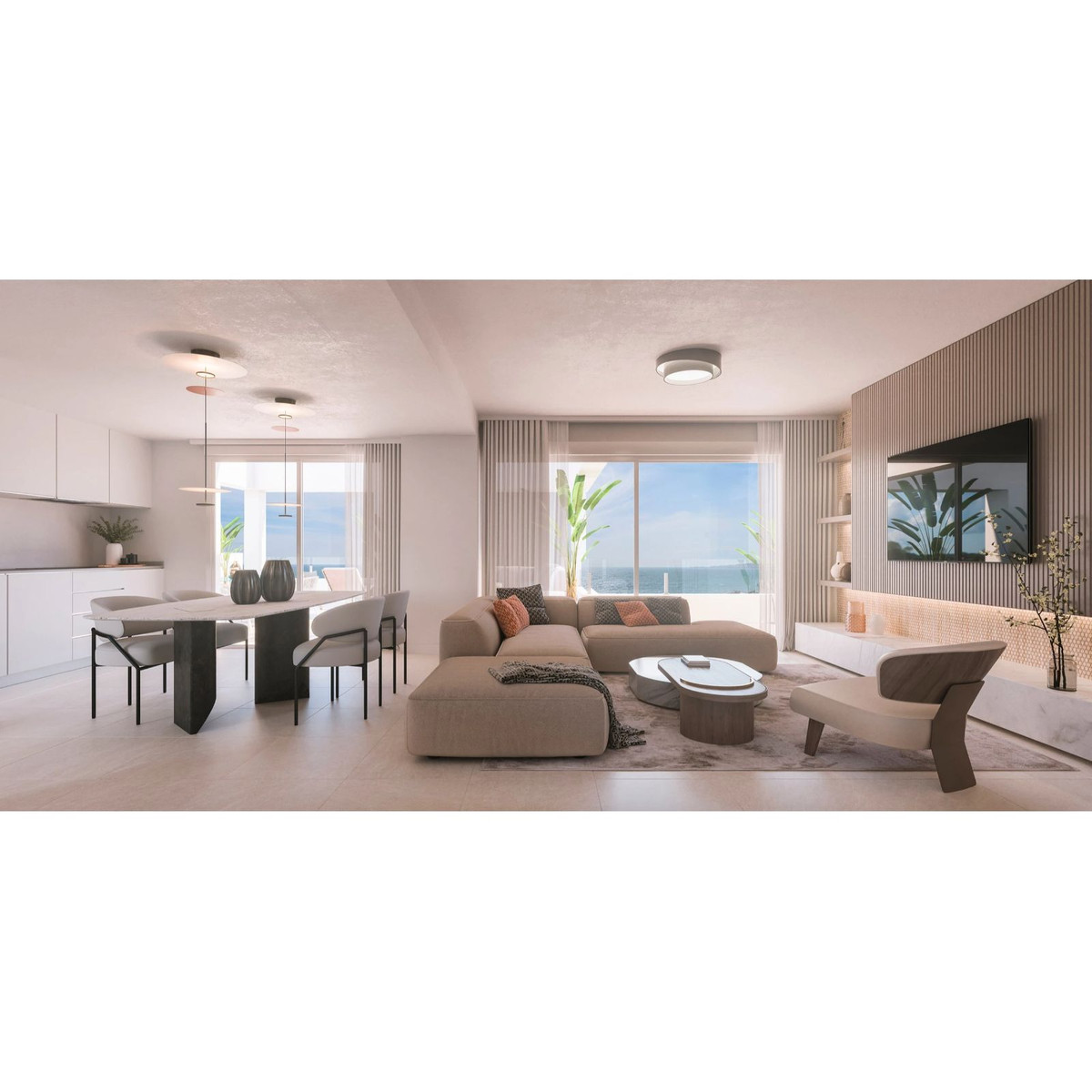 Moderne woonkamer en eetkamer met uitzicht op zee, strak design.