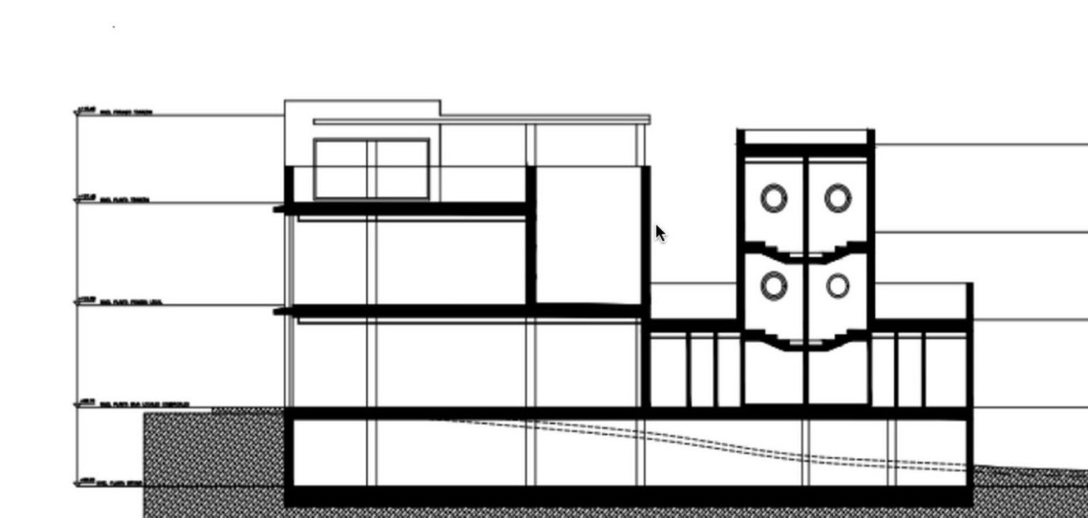 Architecturale doorsnede van een gebouw, zwart-wit illustratie.