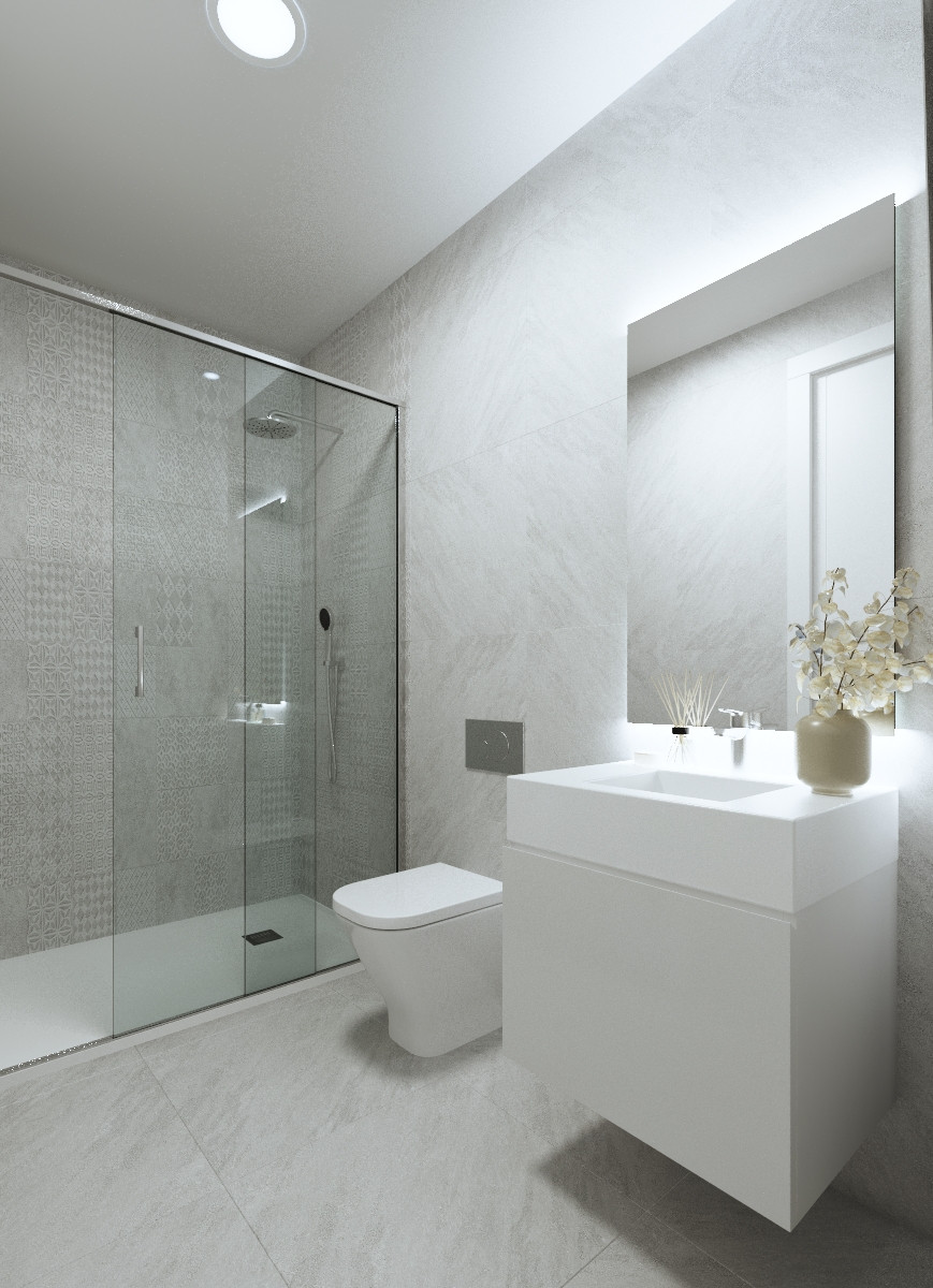 Moderne badkamer met inloopdouche, toilet en wastafel