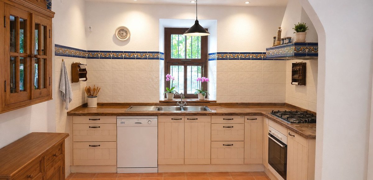 Modern kitchen with tile backsplash, double sink, and gas stove