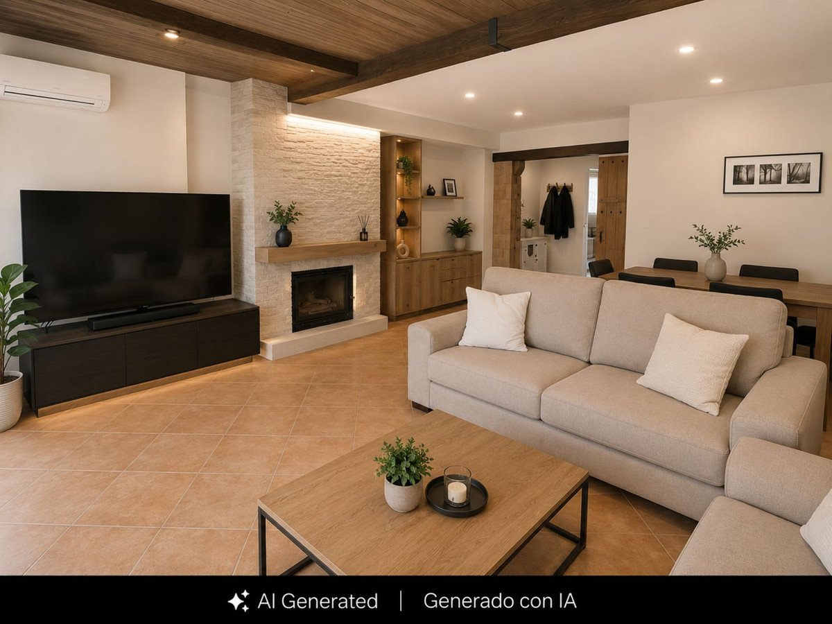 Modern living room featuring a beige sofa, wooden coffee table, and a large flat-screen TV