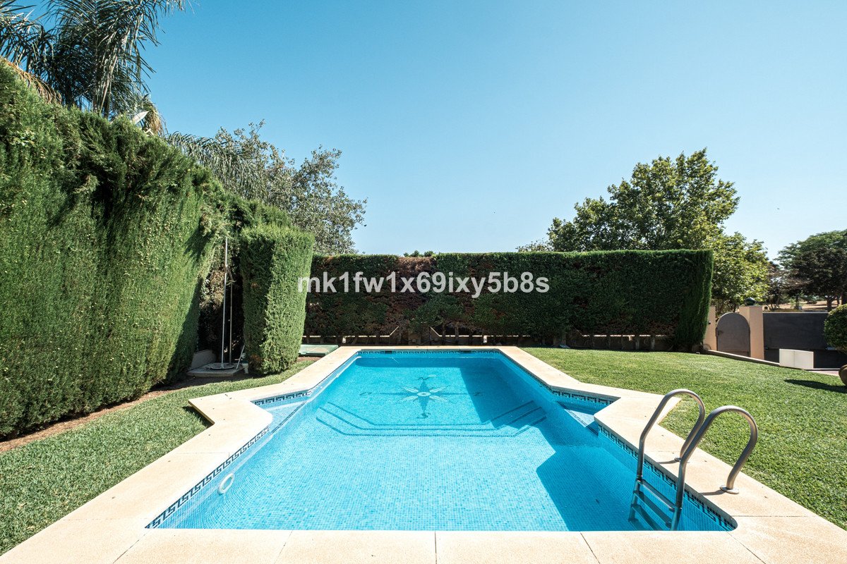 A bright outdoor swimming pool with a mosaic design at the bottom, surrounded by manicured hedges and green lawn.