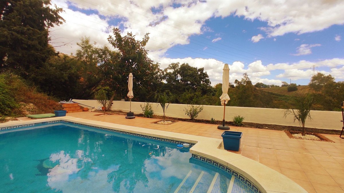 Outdoor swimming pool with clear blue water and lush greenery surrounding it
