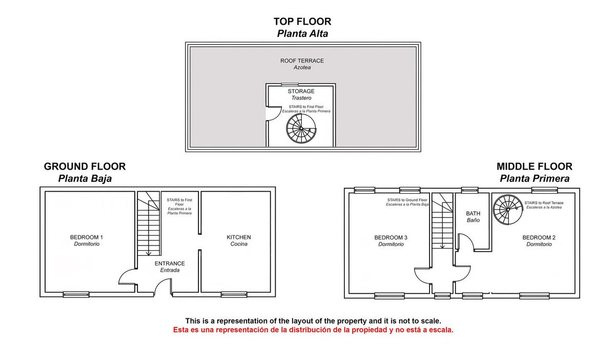 Floor plan showing ground floor with bedroom 1 and kitchen, middle floor with 2 bedrooms and bath, and top floor with roof terrace.