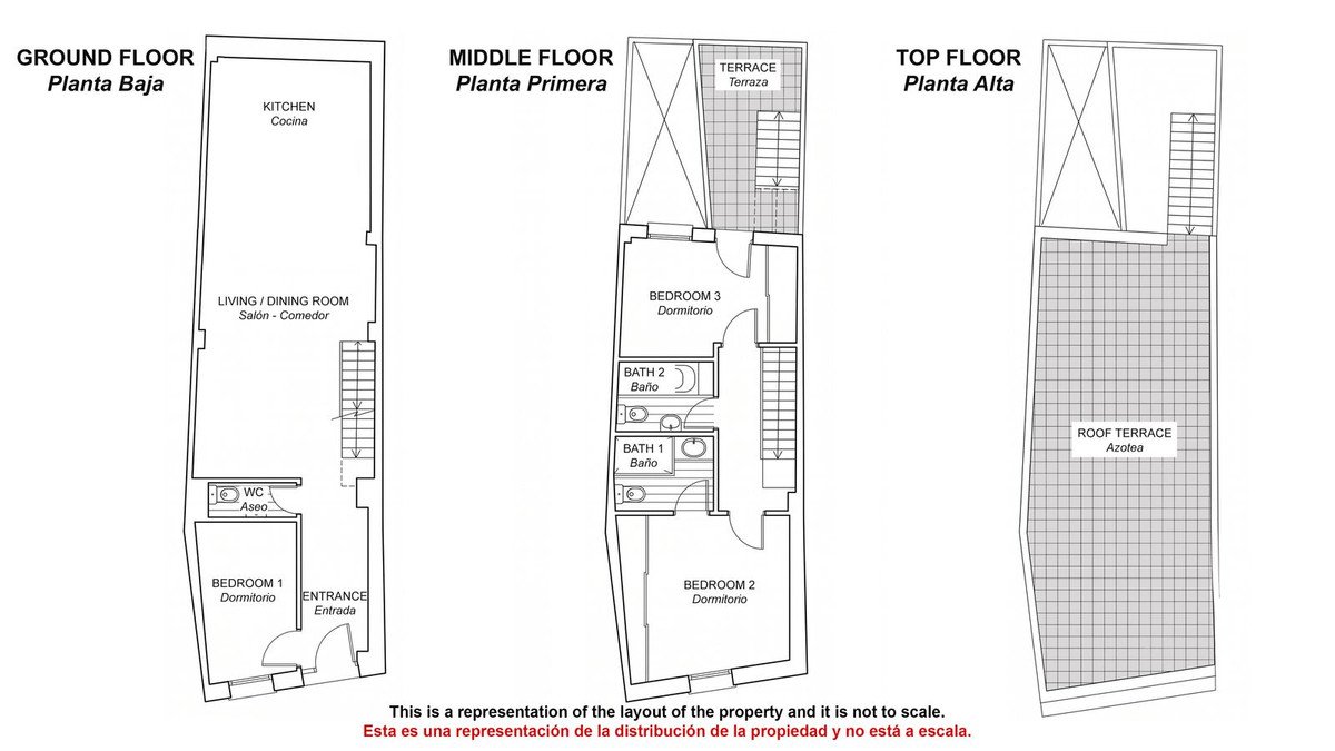 Floor plan showing a multi-level property with kitchen, living room, bedrooms, bathrooms, and a roof terrace.
