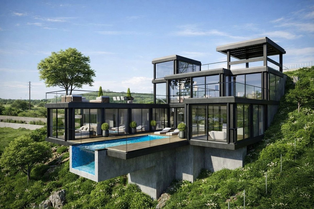 Modern modular home with large windows, outdoor seating, and a swimming pool surrounded by lush greenery
