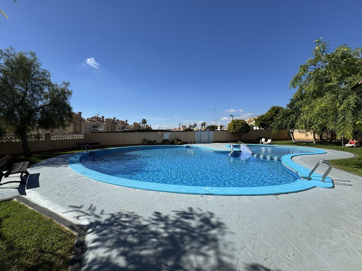 A bright blue swimming pool with a slide, surrounded by a paved area, green grass, trees, and buildings under a clear blue sky.