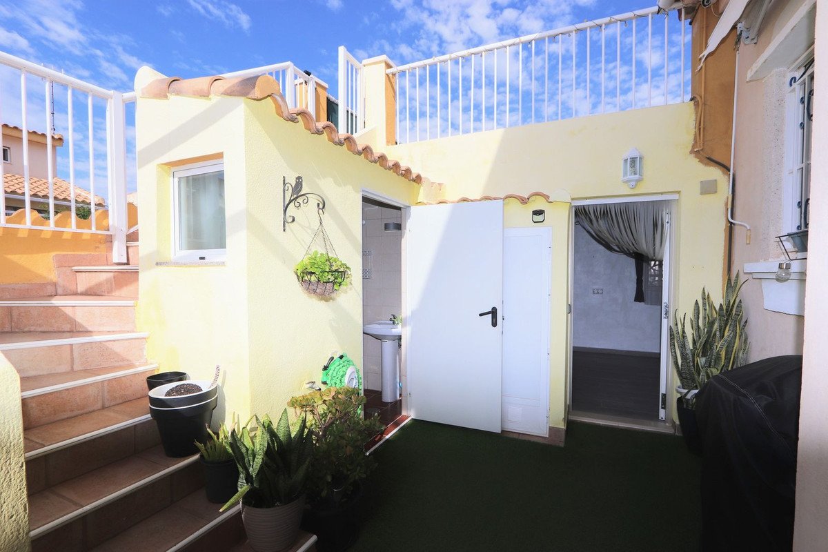 A sunny outdoor terrace with steps, artificial turf, potted plants, and an entrance to a room.