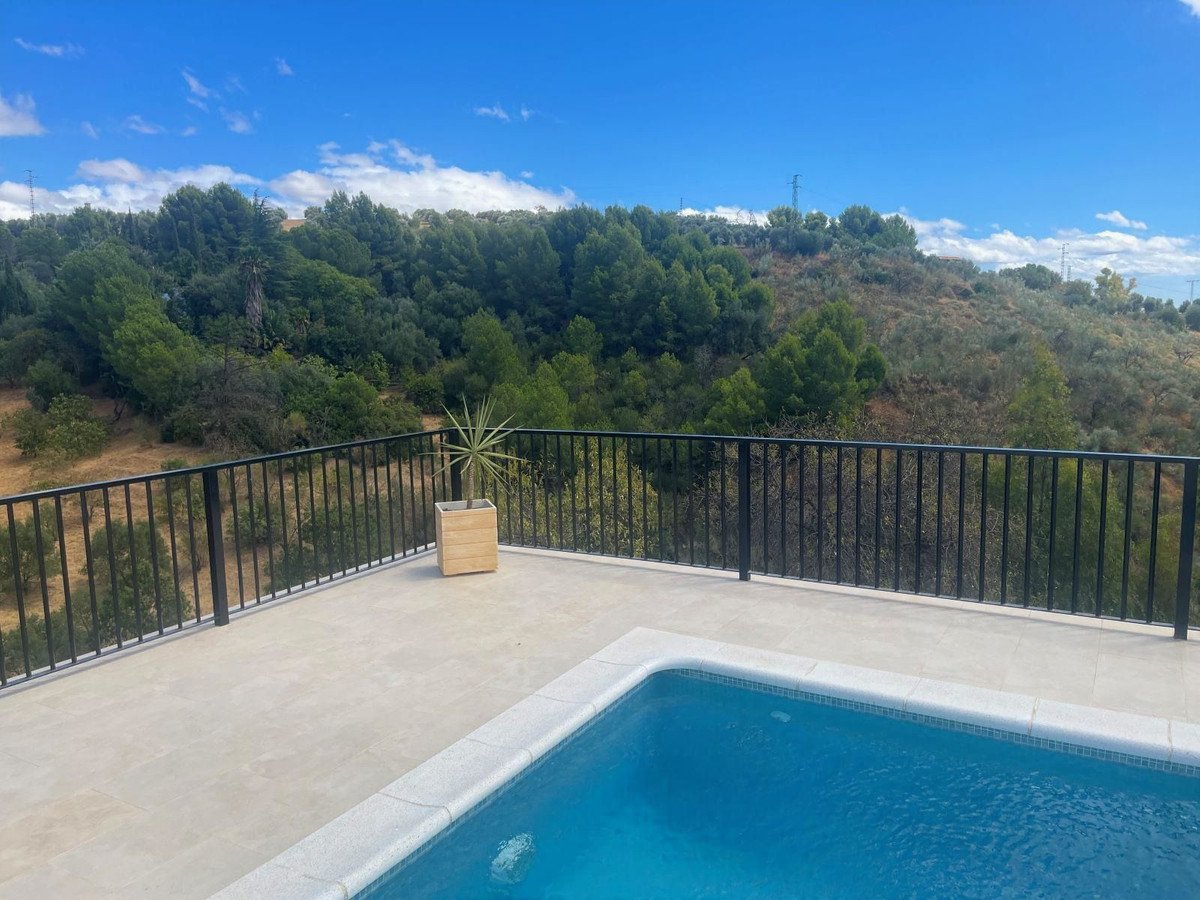 View from a terrace with a swimming pool, overlooking a lush green hillside under a blue sky with scattered clouds.
